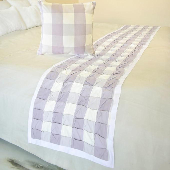 The HomeCentric King/Queen/Twin Lavender Decorative Bed Runner Full 68"x18" Bed Runner with One Pillow Cover, Checkered, Buffalo Plaid, Check Bed Scarf on Cotton Fabric - Lavender Plaid Knots