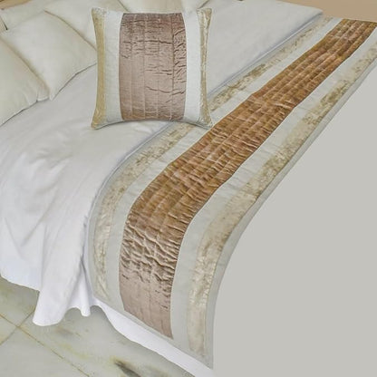 The HomeCentric King/Queen/Twin Beige Luxury Twin 53"x18" Bed Runner with One Pillow Cover, Velvet & Patchwork Bed Scarf on Velvet Fabric - Luxe Velvet Lines