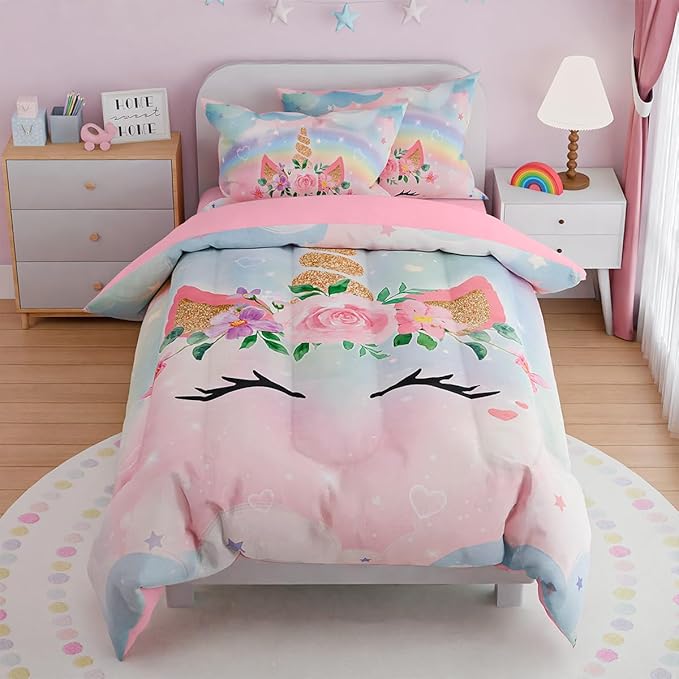 SANDJEST Unicorns Bedding Set for Girls Kids Teen Tween, Ultra Soft Microfiber Comforter Set Full Size with 4-Pieces, Comforters Bed Sets Bedroom Decor