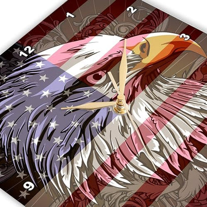 3dRose Wall Clock Silent - 15 inch - Ornate Patriotic Bald Eagle and USA American Flag Pride Great for Fourth of July Independence Day - Patriotic Designs