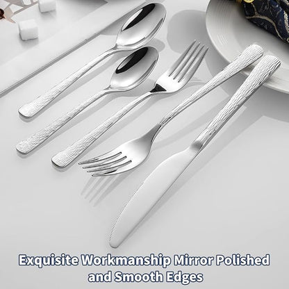 Black Hammered Silverware Set, Heavy Duty Flatware Set, 18/10 Stainless Steel