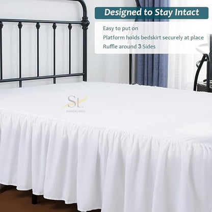 Shreem Linen Ruffled Bed Skirt with Split Corners, Gathered Style, 100% Microfiber, 12-Inch Drop, Dust Ruffle Bedskirt with Platform, Short Queen, White