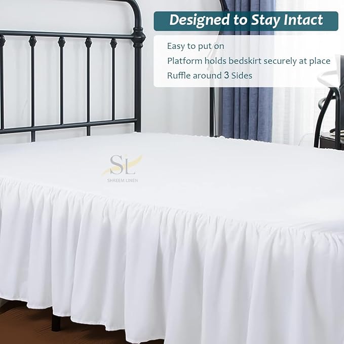 Shreem Linen Ruffled Bed Skirt with Split Corners, Gathered Style, 100% Microfiber, 24-Inch Drop, Dust Ruffle Bedskirt with Platform, Twin-XXL, White