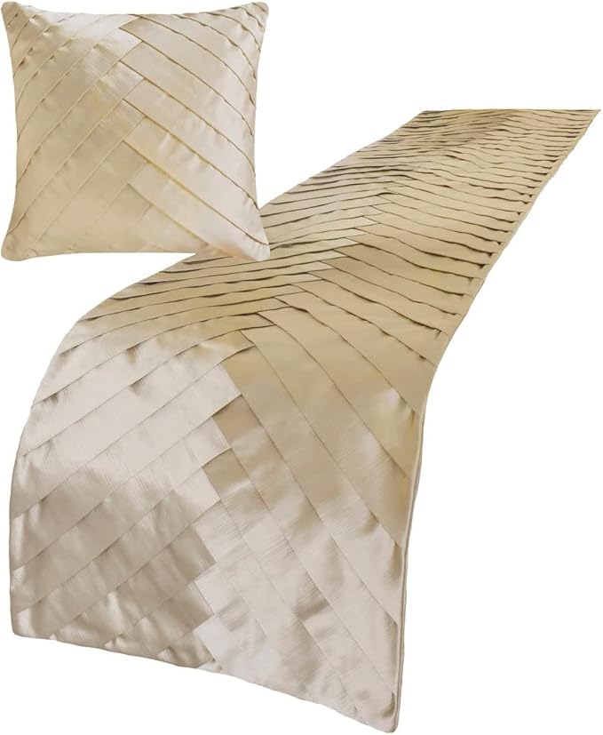 The HomeCentric King/Queen/Twin Ivory Designer Twin 53"x18" Bed Runner with 2 Pillow Cover, Pintucks, Textured & Satin Bed Scarf on Satin Fabric - Glazed Satin