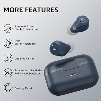 TOZO NC9 Hybrid Active Noise Cancelling Wireless Earbuds, 6 Mics ENC Clear Call, IPX8 Waterproof, in Ear Bluetooth 5.3 Headphones Stereo Bass Ear Buds 59H Playtime with LED Display 32 EQs via APP