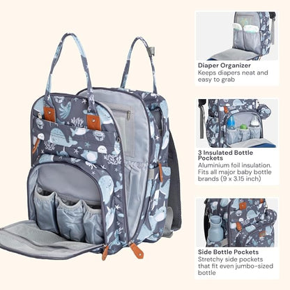 BabbleRoo Diaper Bag Backpack - Baby Essentials Travel Tote - Multi Function Water Resistant Diaper Bag, Travel Essentials Baby Bag with Changing Pad, Stroller Straps & Pacifier Case - Sea Animals