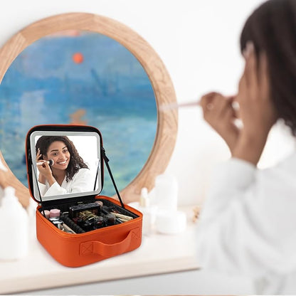Travel Makeup Bag with LED Mirror Travel Makeup Organizer with 3 Lighted Settings, Adjustable Dividers and Makeup Brush Storage Bag Orange