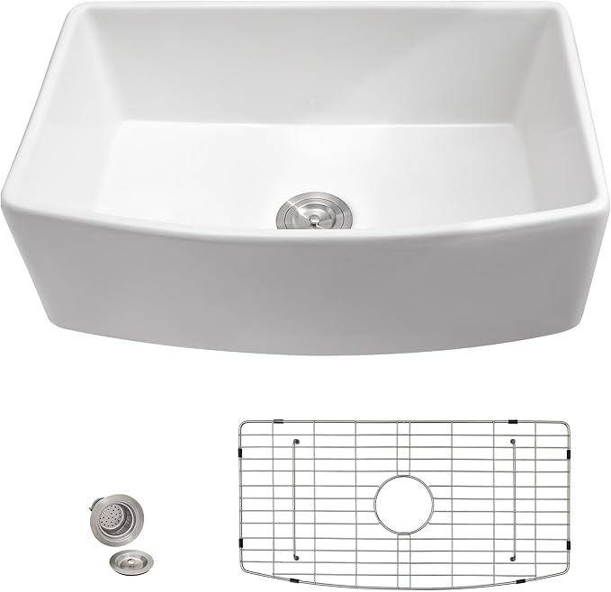 33x19 Farmhouse Kitchen Sink - Farm Curved Apron Front Ceramic Porcelain Fireclay Single Bowl Basin