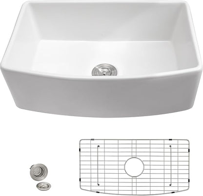 33x19 Farmhouse Kitchen Sink - Farm Curved Apron Front Ceramic Porcelain Fireclay Single Bowl Basin