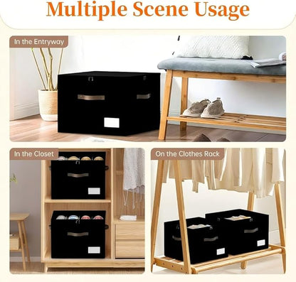 3 Pack Shoe Organizer for Closet, Foldable Shoe Storage Containers, Fits up to 24-48 Pairs, Shoe Storage Organizer Box Cubby Baskets Bins with Clear Cover and Reinforced Handles, Black