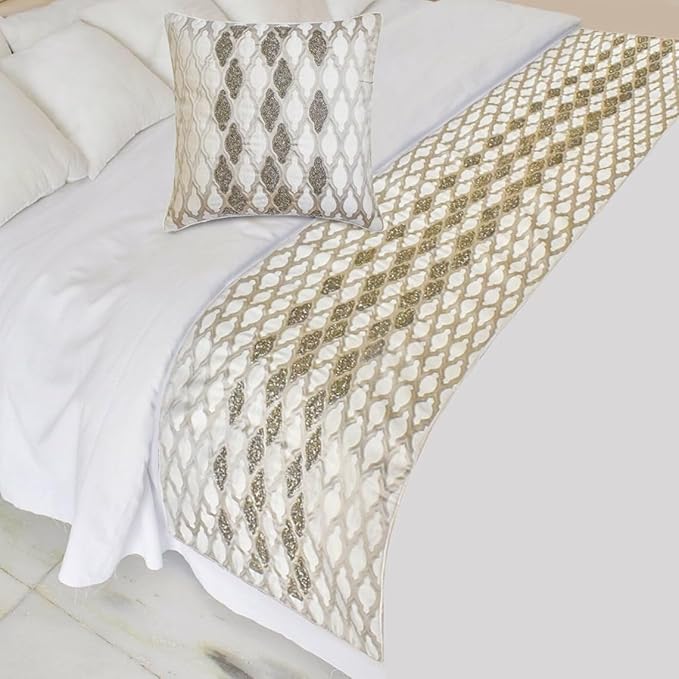 The HomeCentric King/Queen/Twin Ivory Luxury Full 68"x18" Bed Runner Without Pillow Cover, Bead Hand Embroidery Bed Scarf on Jacquard Fabric - Priscilla Dazzle