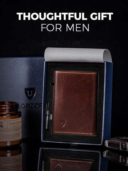 LORZOR Wallet for Men with Metal Card Holder, Pop Up Wallet, Finest Full Grain Leather Trifold Wallet, Smart, Minimalist, RFID Blocking, Front Pocket, ID Window, VintageBrown/Silver