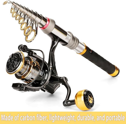 Fishing Rod Telescopic Carbon Fiber Rod Combo with Spinning Reel Portable Tackle Case Fishing Line Artificial Baits and Hooks for Travel Saltwater Freshwater Fishing