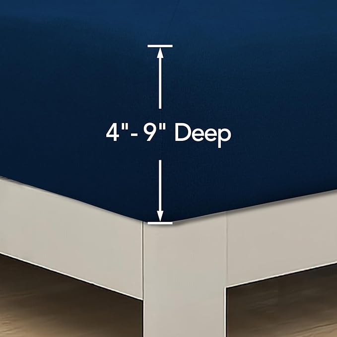 PureFit Stretchy Box Spring Cover - Elastic Fitted Wrap Around 4 Sides, Wrinkle & Fading Resistant, Queen Size, Navy