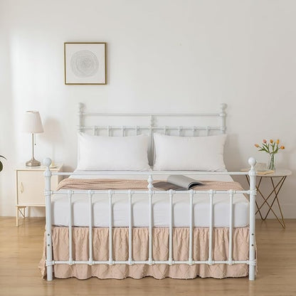 Bed Skirt Queen Size，Ruffled Cream Bed Skirt with Split Corners，Queen Bed Skirt 14 Inch Drop, Boho Tufted Shabby Chic Queen Size Bed Skirt, Bed Skirts Queen Size