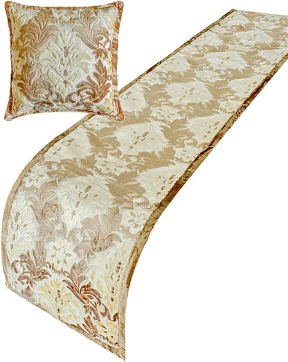 The HomeCentric King/Queen/Twin Beige Luxury CA King 86"x18" Bed Runner with One Pillow Cover, Damask Bed Scarf on Velvet Fabric - Emmeline