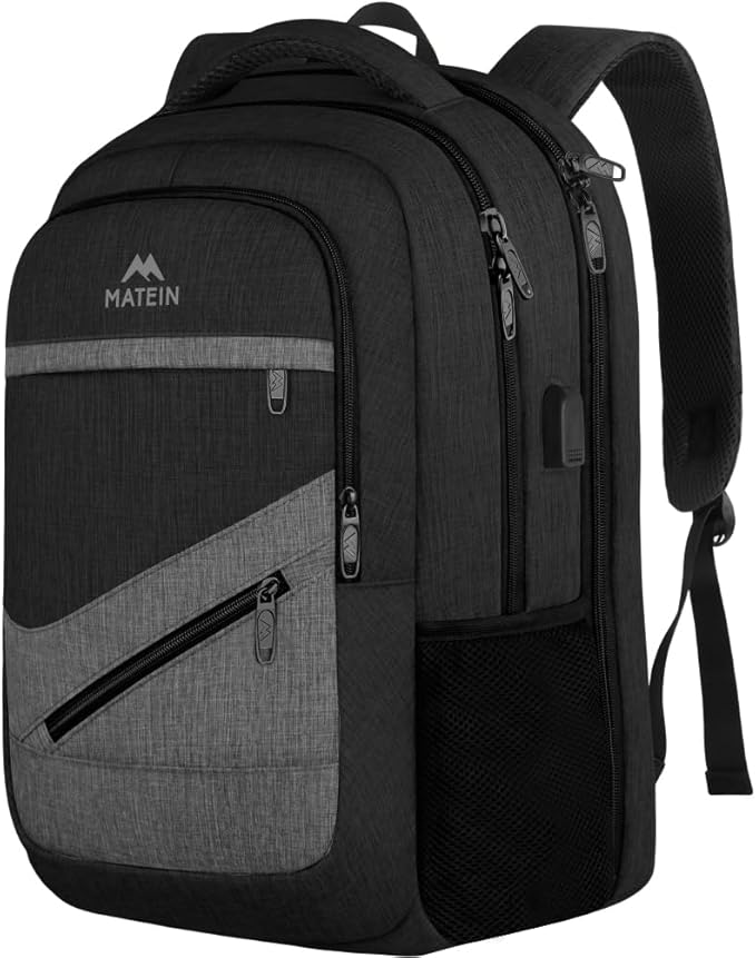 MATEIN 17 Inch Backpack for Men, Professional Work Office Laptop Backpack with USB Charging Port & Trolley Sleeve, Water Resistant Large College Daypack Travel Carry On, Black Grey