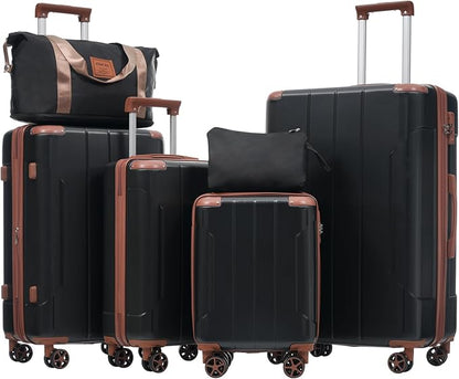 Merax Luggage Set 6 Piece Expandable Lightweight ABS Hardshell Suitcases with Wheels, Corner Guards (Black Brown, 6 piece set)