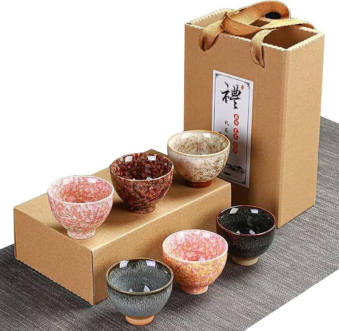 Teacups, Sake Cups Handmade Ceramic Mug Set 2.5 oz 6 Color Earthenware Teacups