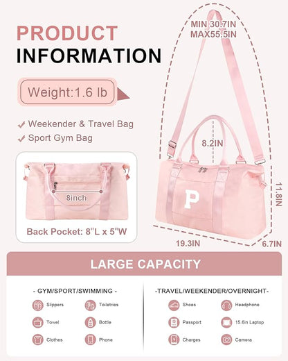 Initial Travel Duffel Bag Sports Gym Bag for Girls Teen Birthday Gifts,Pink Personalized Weekender Bag Carry On Tote Bags for Women Men,Waterproof Overnight Luggage Bag with Trolley Sleeve(Letter P)
