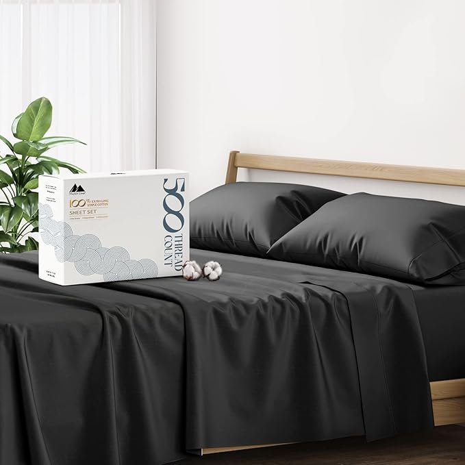 Mayfair Linen 500 Thread Count Split King Sheets Sets for Adjustable Bed - 5 PC Split King Size Bed Sheet Set Cotton (Black), Soft, Cooling, Sateen Weave 16" Deep Pocket Bedsheet (Fits 18" Mattress)