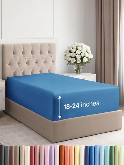Extra Deep Twin Fitted Sheet - Hotel Luxury Single Fitted Sheet Only - Easily Fits 18 inch to 24 inch Mattress - Ultra Soft, Wrinkle & Fade Free w/Extra Deep Pockets - Breathable & Comfy - Royal Blue