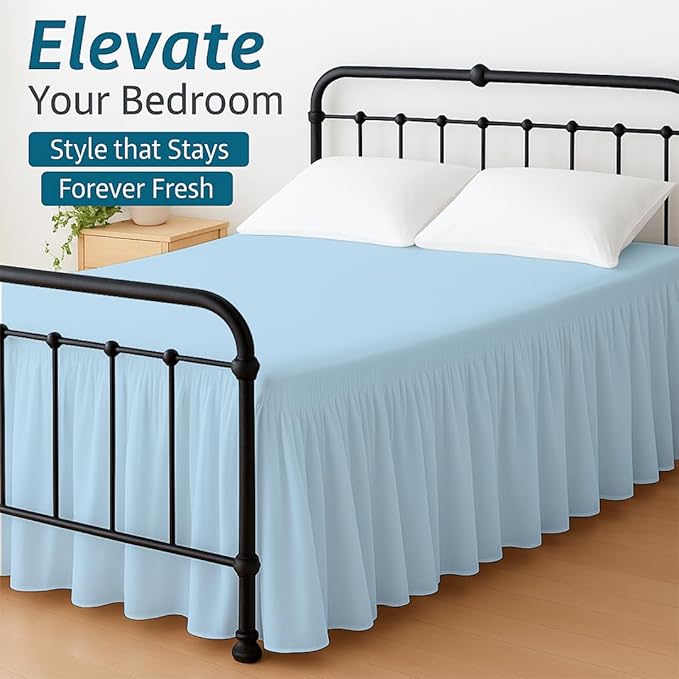 Shreem Linen Ruffled Bed Skirt with Split Corners, Gathered Style, 100% Microfiber, 21-Inch Drop, Dust Ruffle Bedskirt with Platform, Twin-XL, Light Blue