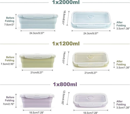 Large Collapsible Food Containers with Lids for Camping & Travel | Leak-Proof Silicone Storage Bowls,2000ml/1200ml/800ml, Dishwasher, Microwave Freezer Safe - Set of 3