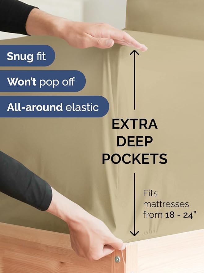 Extra Deep Cal King Fitted Sheet - Hotel Luxury Single Fitted Sheet Only - Easily Fits 18 inch to 24 inch Mattress - Ultra Soft, Wrinkle & Fade Free w/Extra Deep Pockets - Breathable & Comfy - Beige