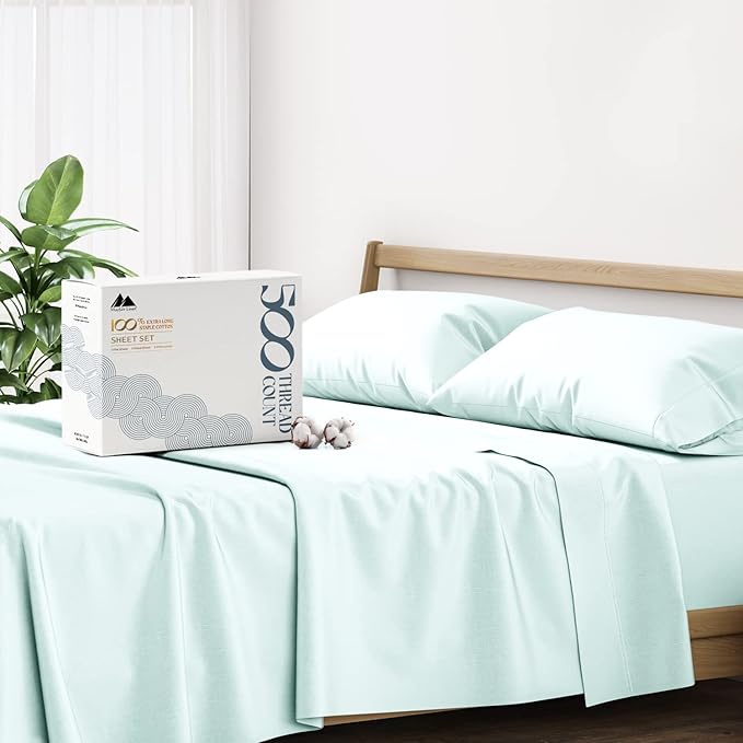 Mayfair Linen 100% Cotton Bed Sheets Queen Set - 500 Thread Count Cotton Sheets for Queen Size Bed, 4 PC Set (Sea Foam), Ultra Soft, Cooling, Sateen Weave 16" Deep Pocket Bedsheet for Hot Sleepers