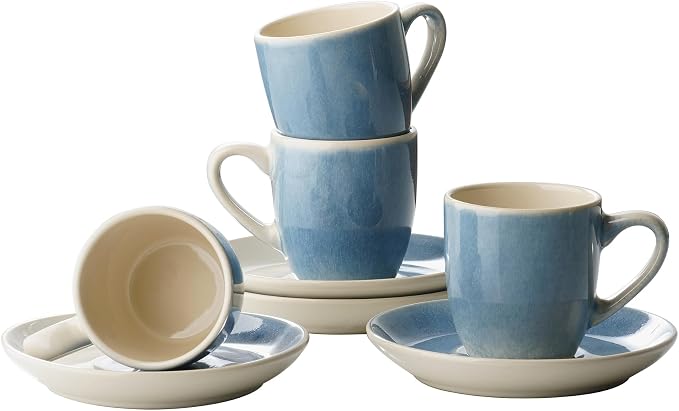 famiware 3oz Espresso Cups and Saucers, Azure Blue | Ceramic Small Coffee Mug