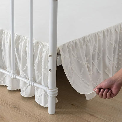 Bed Skirt King Size Ruffled Bed Skirt with Split Corners, 18 Inch Drop Dust Ruffle Bed Skirts with Platform, Boho Tufted Shabby Chic King Size Bed Skirts, Ivory