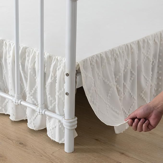 Bed Skirt Queen Size Ruffled Bed Skirt with Split Corners, 12 Inch Drop Dust Ruffle Bed Skirts with Platform, Boho Tufted Shabby Chic Queen Size Bed Skirts, Ivory