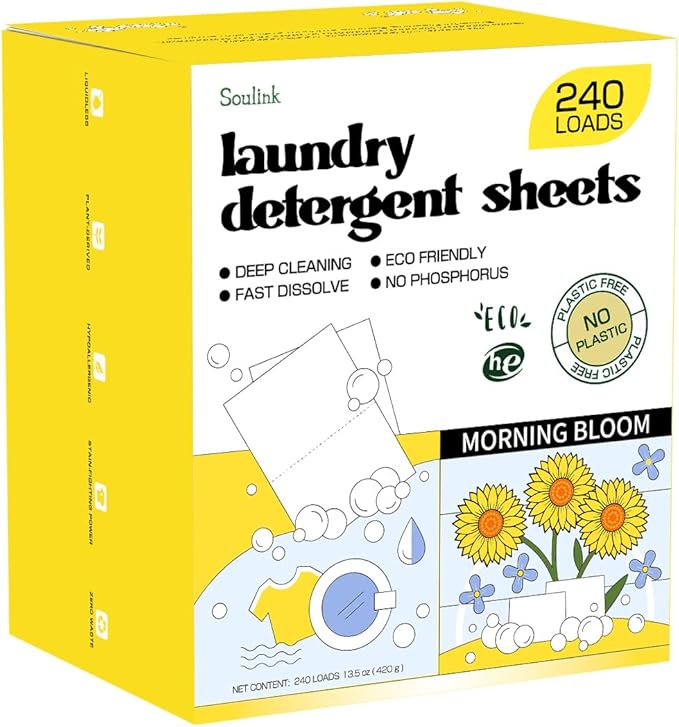 Soulink Laundry Detergent Sheets, 240 Loads - Eco-Friendly, Plant-Based, Hypoallergenic, No Plastic Jug (Morning Bloom Scent)