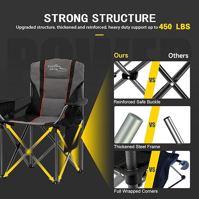 FAIR WIND 2 Pack Oversized Fully Padded Camping Chair with Lumbar Support, Heavy Duty Cooler Bag Fold Chair Support 450 LBS
