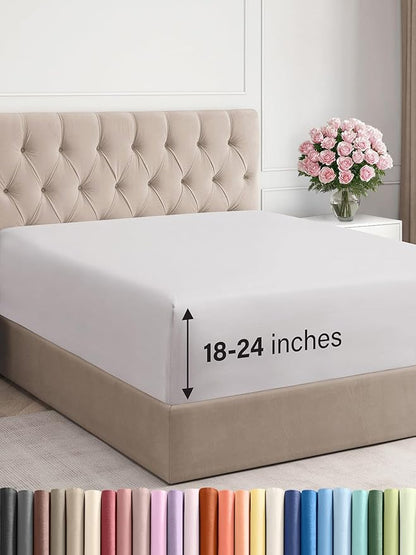 Extra Deep Cal King Fitted Sheet - Hotel Luxury Single Fitted Sheet Only - Easily Fits 18 inch to 24 inch Mattress - Ultra Soft, Wrinkle Free w/Extra Deep Pockets - Breathable & Comfy - French Grey