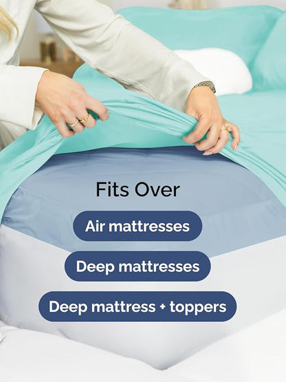 Extra Deep Twin XL Fitted Sheet - Hotel Luxury Single Fitted Sheet Only - Easily Fits 18 inch to 24 inch Mattress - Ultra Soft, Wrinkle & Fade Free w/Extra Deep Pocket - Breathable & Comfy - Spa Blue