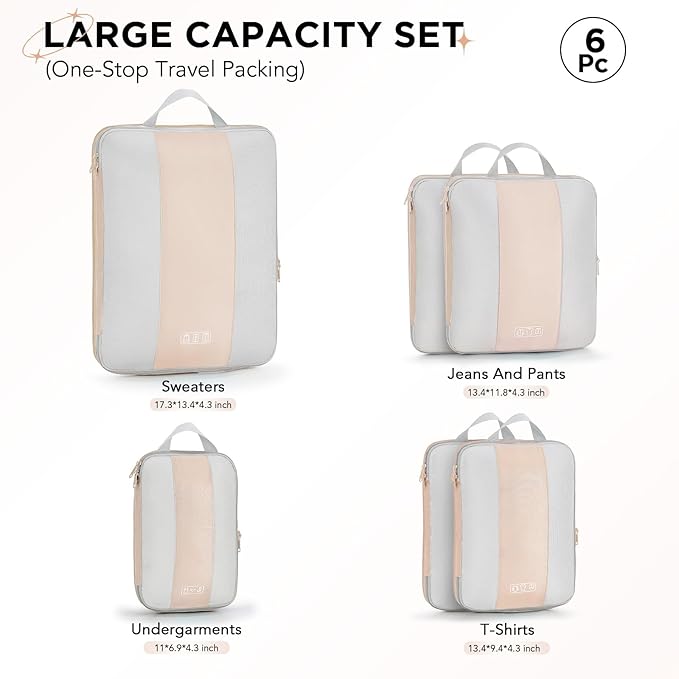 6 Set Compression Packing Cubes for Travel Essentials,Compressible Expandable Packing Cubes for Suitcase,OlarHike Luggage Organizer Bags for Travel,Handy Helper for Organizing Clothes(Beige)