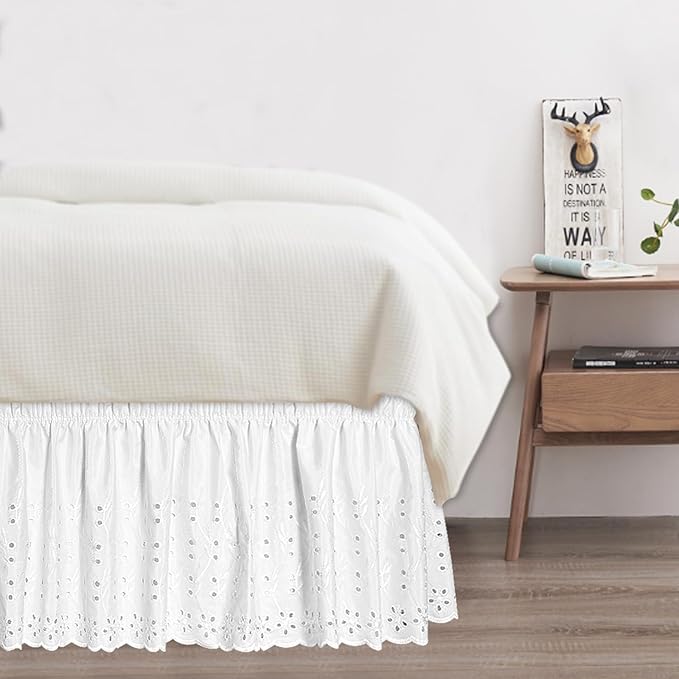 Queen Bed Skirt, Wrap-Around Elastic Ruffled Eyelet Bed Skirt Queen Size Dust Ruffle with Gathered Styling and Embroidered Details, 18" Drop Length (White)