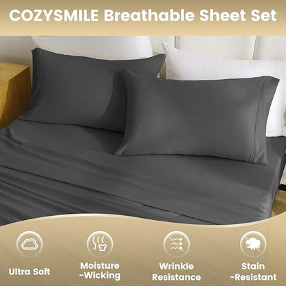 California King Sheet Sets,Hotel Luxury 4 Piece Breathable Cooling Sheet Fits 16" Deep Pocket Mattress, Easy Care Wrinkle Free Bedding Sheet and Pillowcase Bed Sheet Cal King Size,Dark Gray