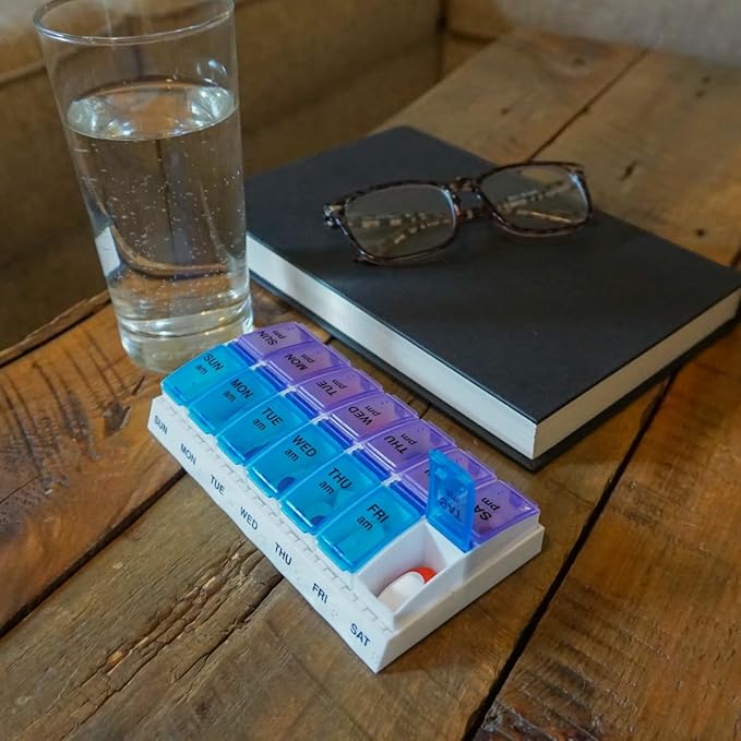 EZY DOSE Weekly (7-Day) AM/PM Pill Organizer, Vitamin and Medicine Box, Large Pop-out Compartments, 2 Times a Day, Blue and Purple Lids
