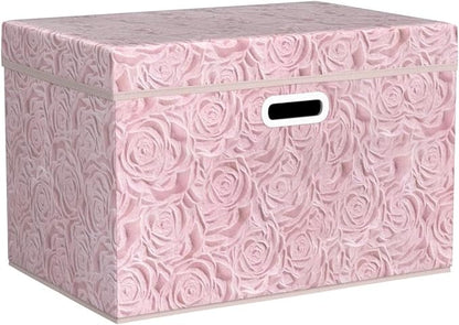 Prandom Larger Foldable Storage Boxes with Lid,Rose Pattern Fabric Decorative Storage Box,Cubes Organizers,Baskets with Handles,For Bedroom,Closet, Living Room,Pink,45x30x30cm[3-Pack]