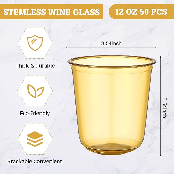 Ziliny 50pcs Disposable Stemless Glasses 12oz Crystal Plastic Wine Glasses