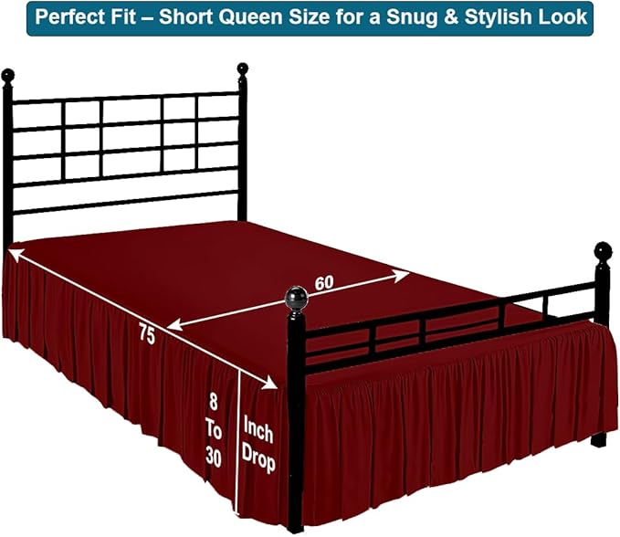 Shreem Linen Ruffled Bed Skirt with Split Corners, Gathered Style, 100% Microfiber, 12-Inch Drop, Dust Ruffle Bedskirt with Platform, Short Queen, Burgundy