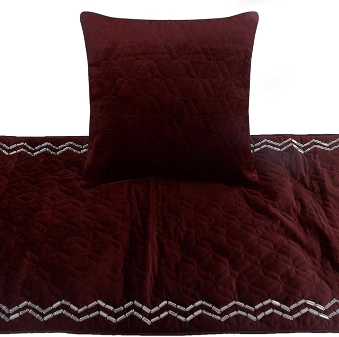 The HomeCentric King Queen Twin Deep Wine Decorative Twin 53"x18" Bed Runner with 2 Pillow Cover, Quilted & Crystals Bed Scarf on Velvet Fabric - Diamond Symphony