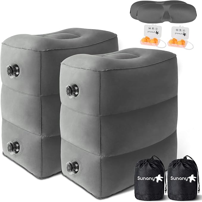 Sunany Inflatable Foot Rest Pillow for Airplane - Kids/Adults - Adjustable Height Cushions, to Sleep While Traveling,Suitable for Office,Home and Any Travel（Dark Grey,2 Pack）