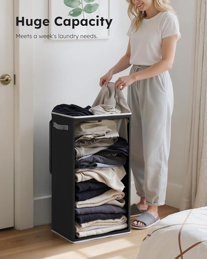 SOLEDI Slim Laundry Hamper with Lid, Narrow Laundry Basket with Removable Bags, Dirty Clothes Hamper with handle, Small Hamper perfect for Laundry room, Bathroom, Bedroom, Small spaces. 70L Black