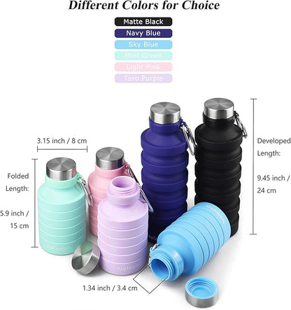 Nefeeko Collapsible Water Bottle, Reuseable BPA Free Silicone Foldable Water Bottles for Travel Gym Camping Hiking, Portable Leak Proof Sports Water Bottle with Carabiner