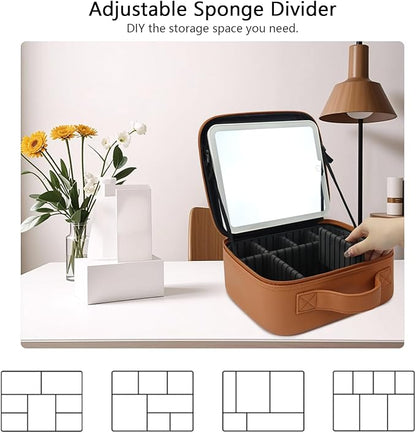 Travel Makeup Bag with LED Mirror Travel Makeup Organizer with 3 Lighted Settings, Adjustable Dividers and Makeup Brush Storage Bag Orange-Brown