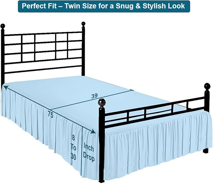 Shreem Linen Ruffled Bed Skirt with Split Corners, Gathered Style, 100% Microfiber, 18-Inch Drop, Dust Ruffle Bedskirt with Platform, Twin, Light Blue